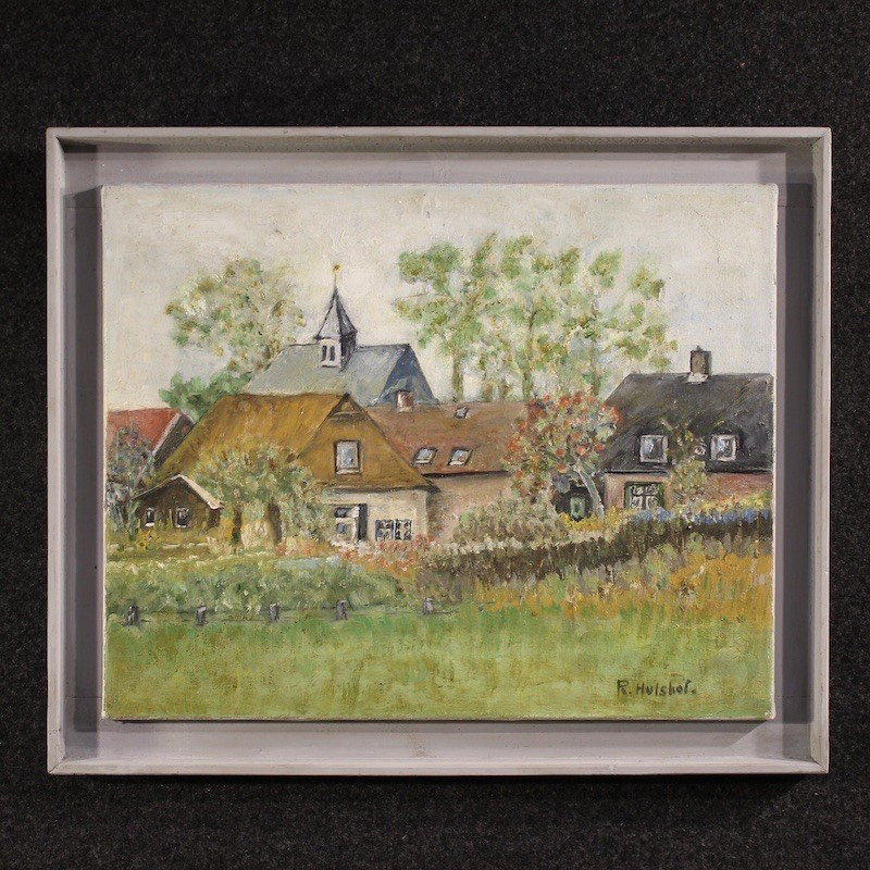 Peinture néerlandaise vue de maisons de style impressionniste