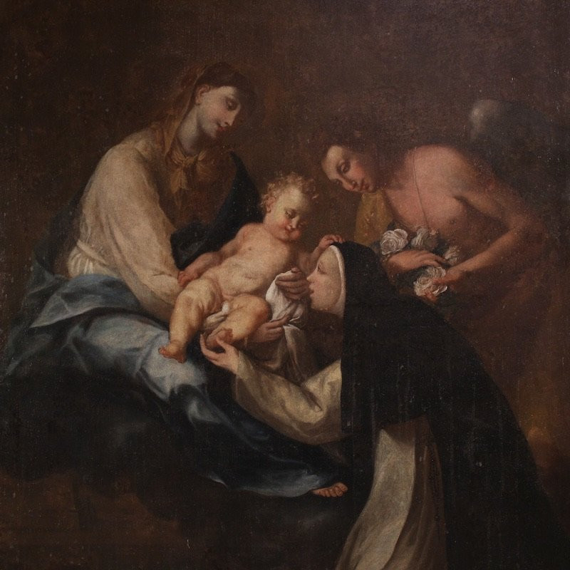 Antique Painting Adoration Of Saint Rose Of Lima With Madonna And Child From The 18th Century-photo-2