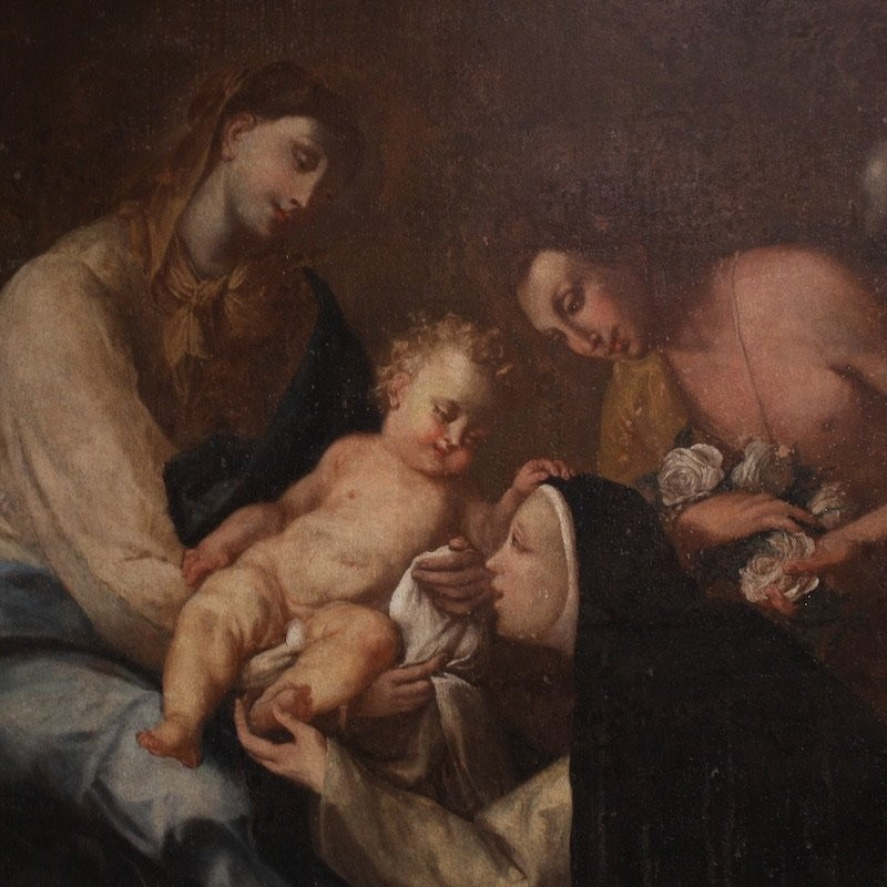 Antique Painting Adoration Of Saint Rose Of Lima With Madonna And Child From The 18th Century-photo-1