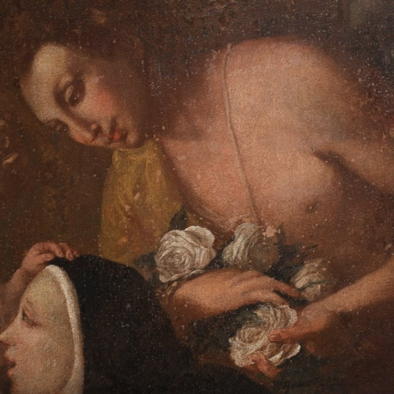 Antique Painting Adoration Of Saint Rose Of Lima With Madonna And Child From The 18th Century-photo-7