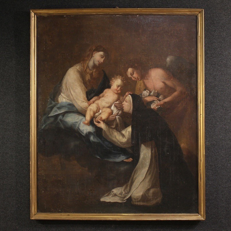 Antique Painting Adoration Of Saint Rose Of Lima With Madonna And Child From The 18th Century