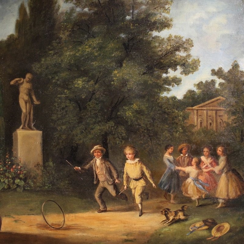 French Genre Scene Painting Of A Park With Children Playing-photo-3
