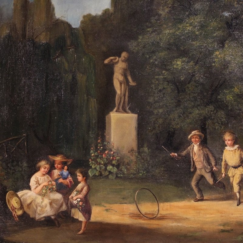 French Genre Scene Painting Of A Park With Children Playing-photo-4