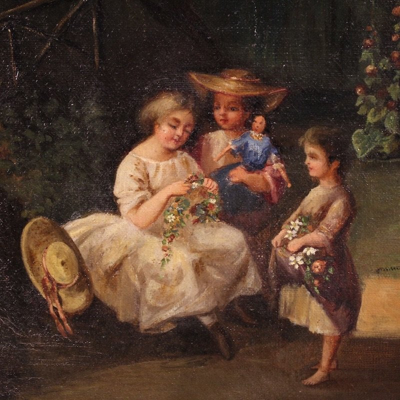French Genre Scene Painting Of A Park With Children Playing-photo-1