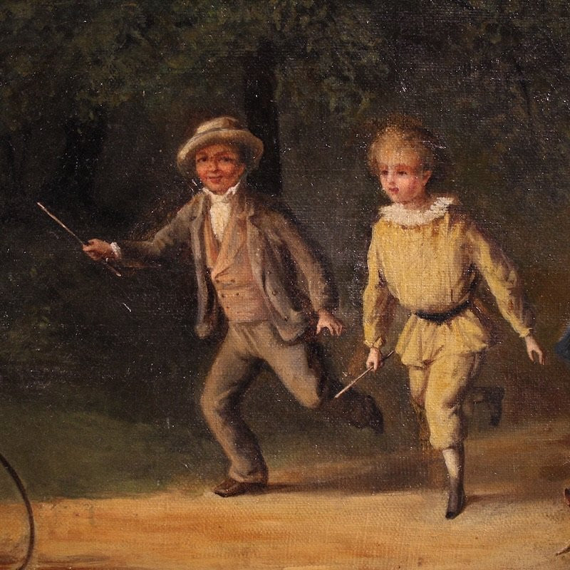 French Genre Scene Painting Of A Park With Children Playing-photo-2