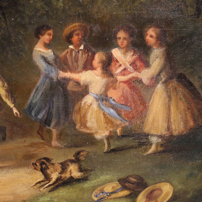 French Genre Scene Painting Of A Park With Children Playing-photo-5