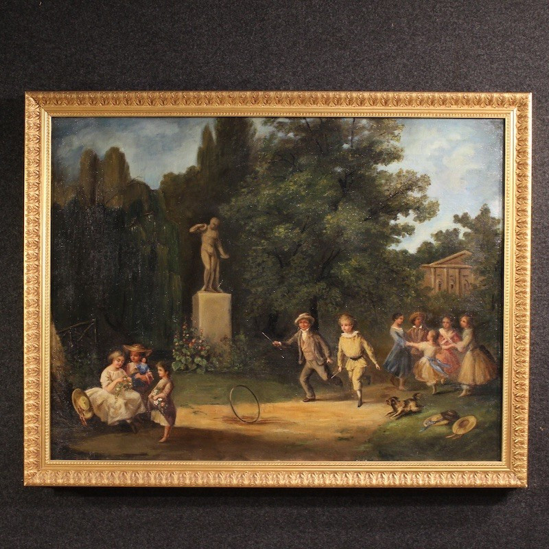 French Genre Scene Painting Of A Park With Children Playing