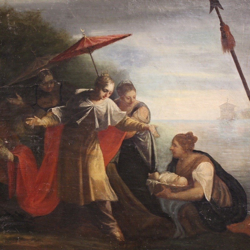 Antique Italian Painting Moses Saved From The Waters From The 18th Century