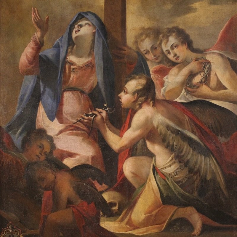 Grand tableau italien du 17ème siècle, la Vierge des Douleurs avec des anges-photo-3