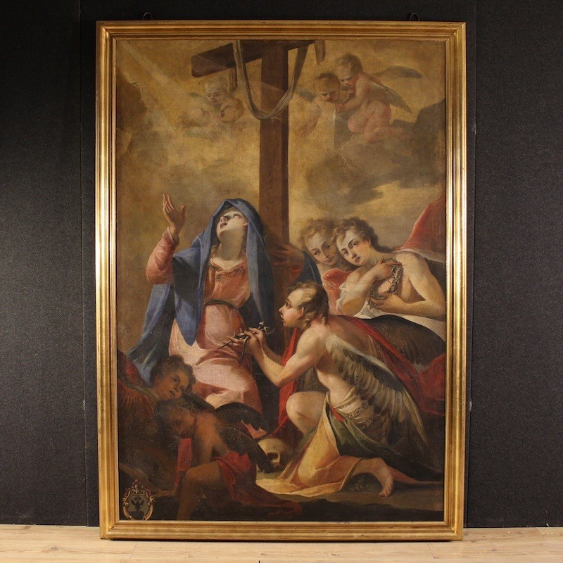 Grand tableau italien du 17ème siècle, la Vierge des Douleurs avec des anges