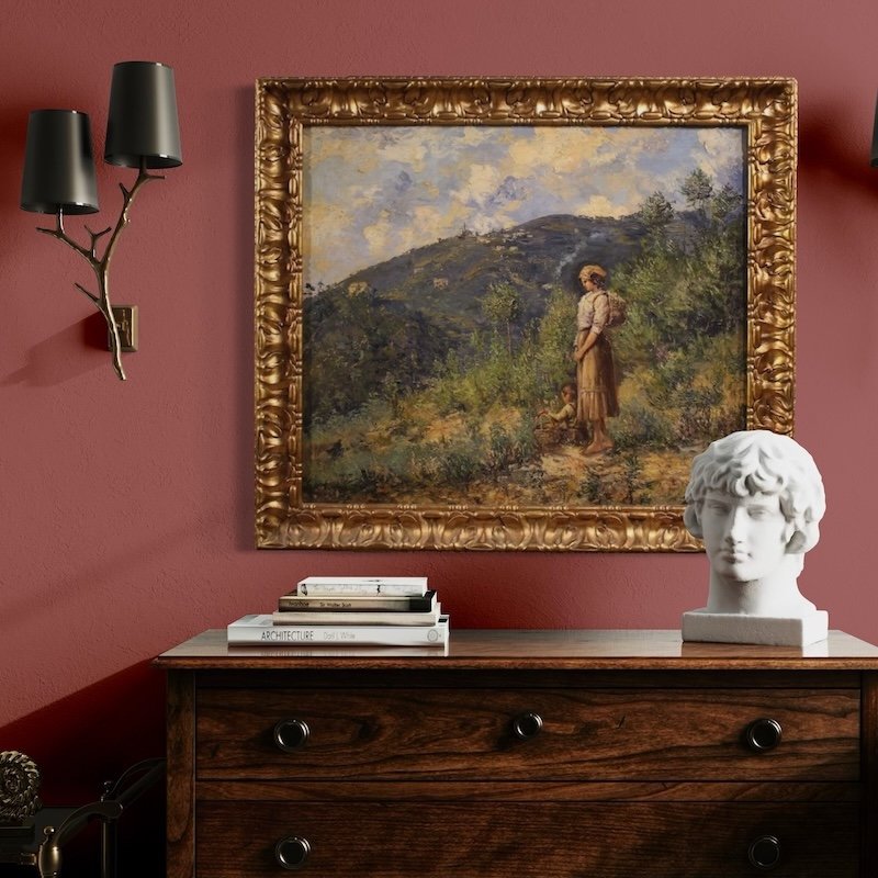 Tableau italien de paysage avec personnage signé et daté 1914-photo-1