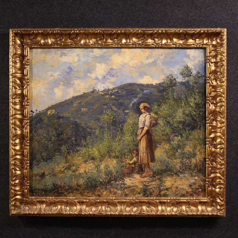 Tableau italien de paysage avec personnage signé et daté 1914