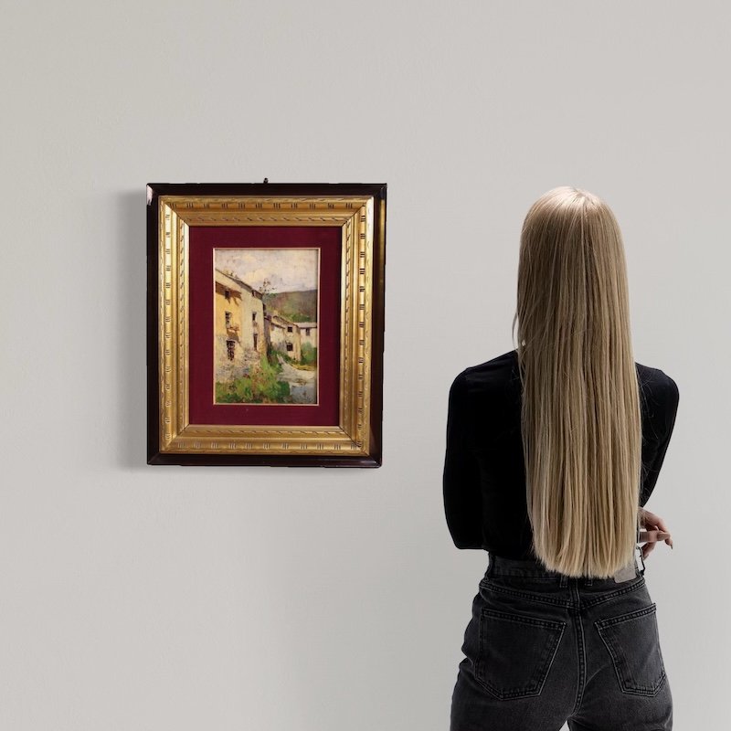 Tableau italien de paysage, vue de maisons, du 20ème siècle-photo-3