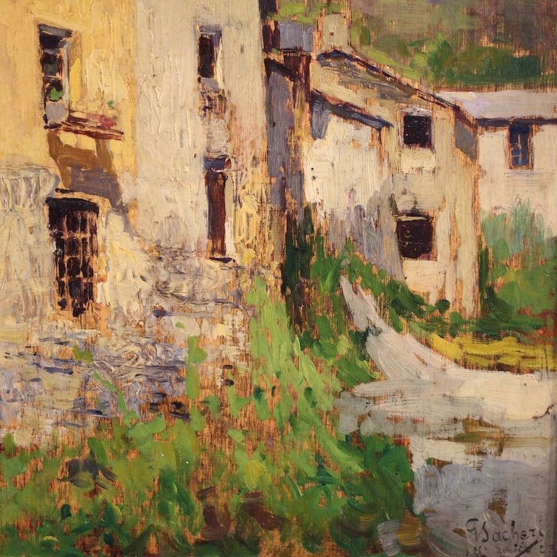 Tableau italien de paysage, vue de maisons, du 20ème siècle-photo-4