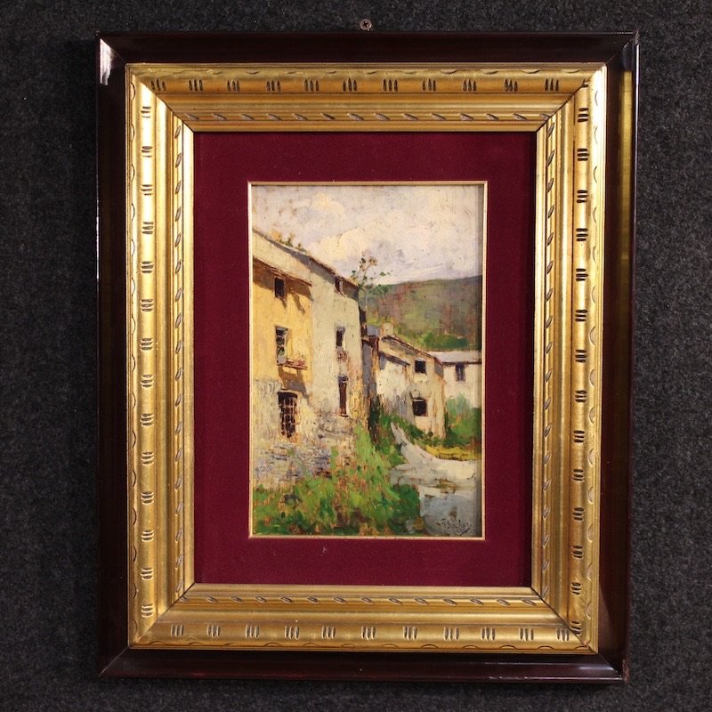 Tableau italien de paysage, vue de maisons, du 20ème siècle