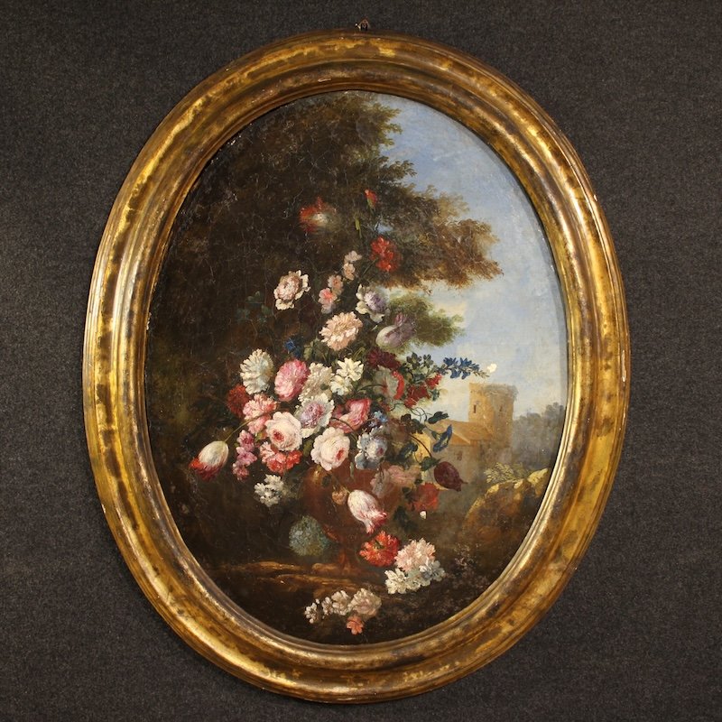 Antique Italian Oval Still Life Painting From The 18th Century