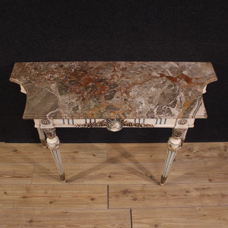 Console italienne laquée de style Louis XVI avec dessus en marbre-photo-4