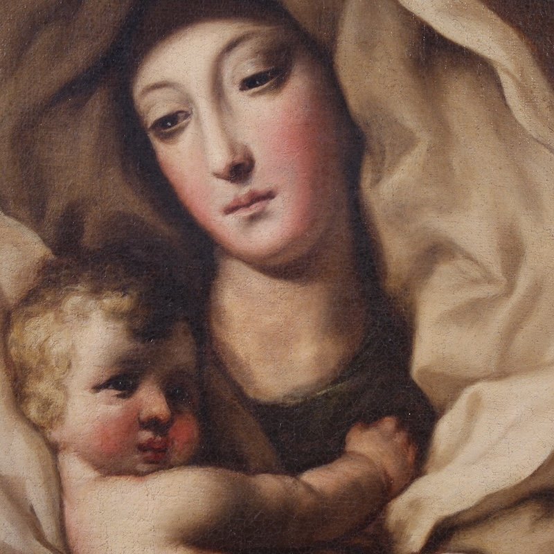 Tableau italien ancien du 17ème siècle, Vierge à l'Enfant-photo-7