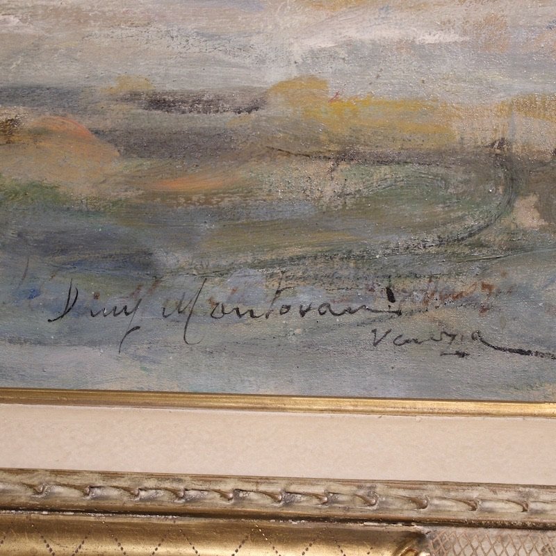 Grand tableau signé Luigi Mantovani, Vue de Venise avec le Palais des Doges-photo-1