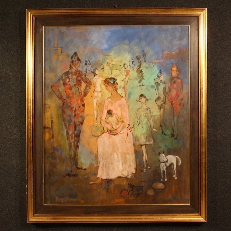 Tableau italien, Famille d'acrobates, daté de 1981