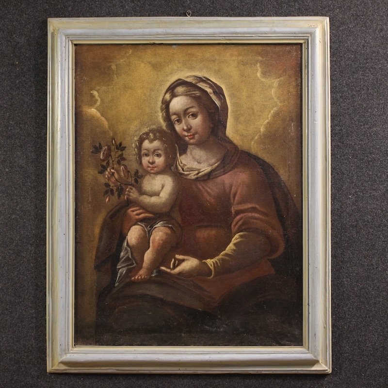 Ancien tableau italien, Vierge à l'Enfant, du 17ème siècle