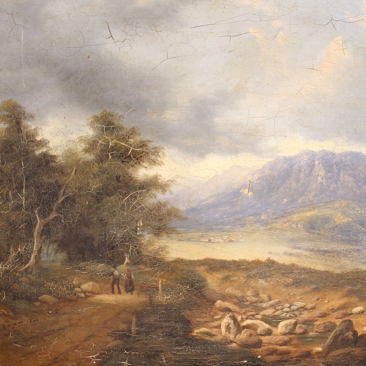 Italian Landscape With Wayfarers, Oil On Canvas Dated 1845-photo-3