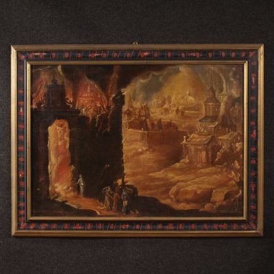 Grand tableau du 17ème siècle, Lot et sa famille fuyant Sodome