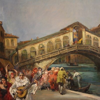 Grand tableau du 20ème siècle de C. Mannucci, Carnaval sur le pont du Rialto-photo-3