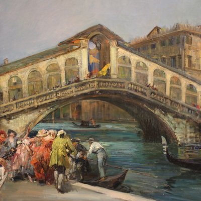 Grand tableau du 20ème siècle de C. Mannucci, Carnaval sur le pont du Rialto-photo-4