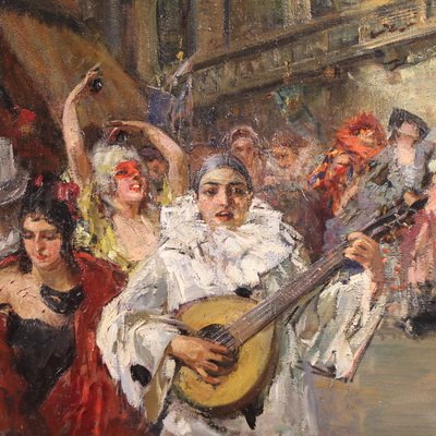 Grand tableau du 20ème siècle de C. Mannucci, Carnaval sur le pont du Rialto-photo-1