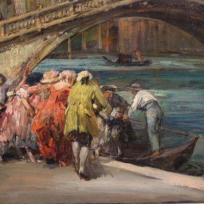 Grand tableau du 20ème siècle de C. Mannucci, Carnaval sur le pont du Rialto-photo-2