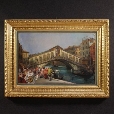 Grand tableau du 20ème siècle de C. Mannucci, Carnaval sur le pont du Rialto