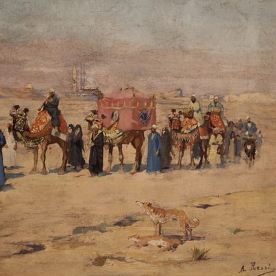 Orientalist Painting Signed A. Rossi And Dated 1893, Caravan In The Desert-photo-3