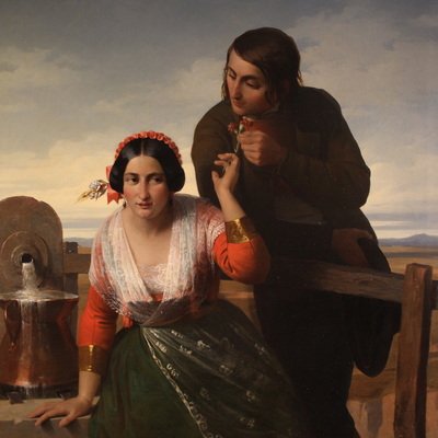Grand tableau signé FB et daté de 1853, les amoureux-photo-2