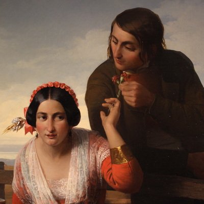 Grand tableau signé FB et daté de 1853, les amoureux-photo-4