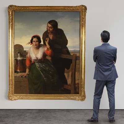 Grand tableau signé FB et daté de 1853, les amoureux-photo-6