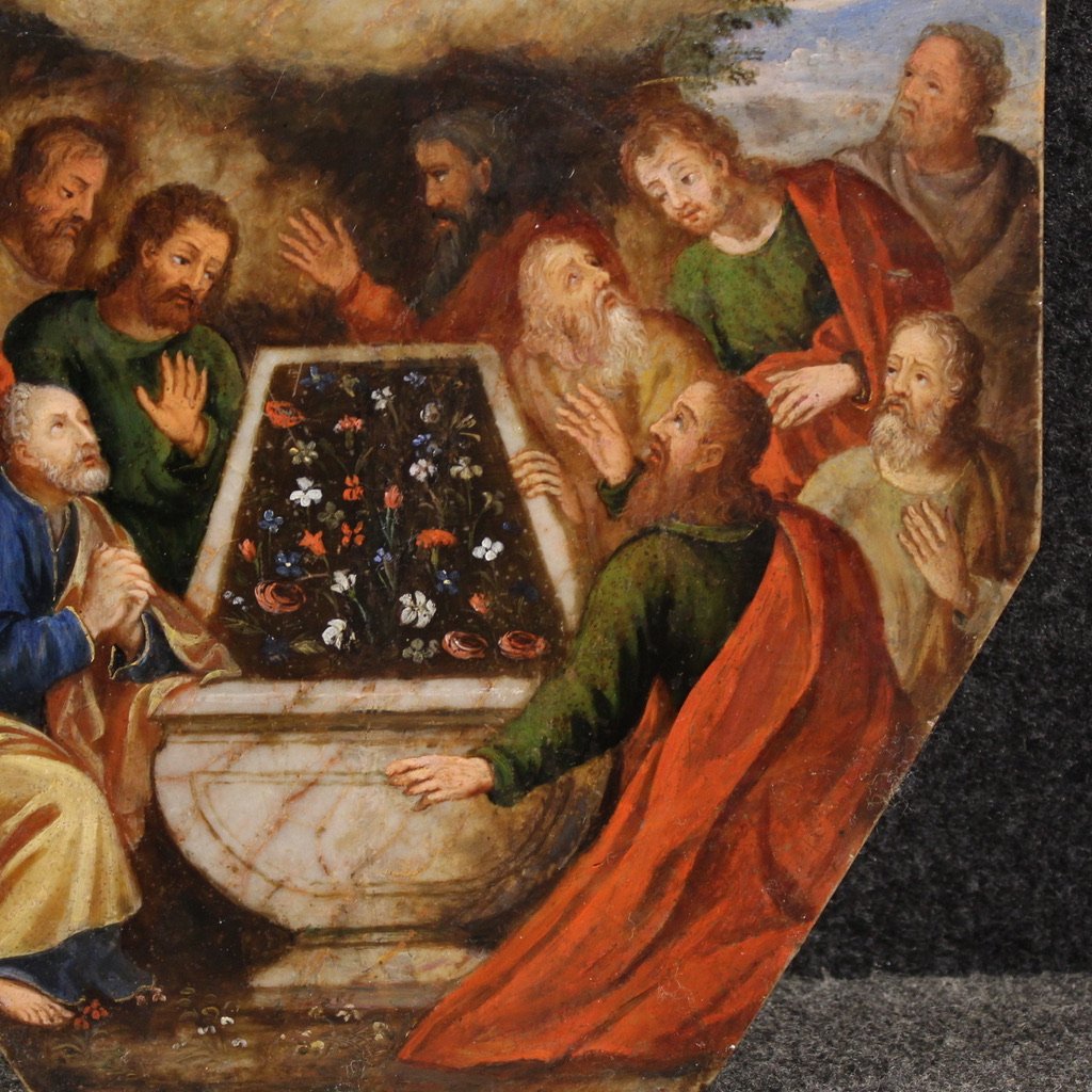 Ancient Oil Painting On Marble From The 16th Century, Assumption Of The Virgin-photo-3