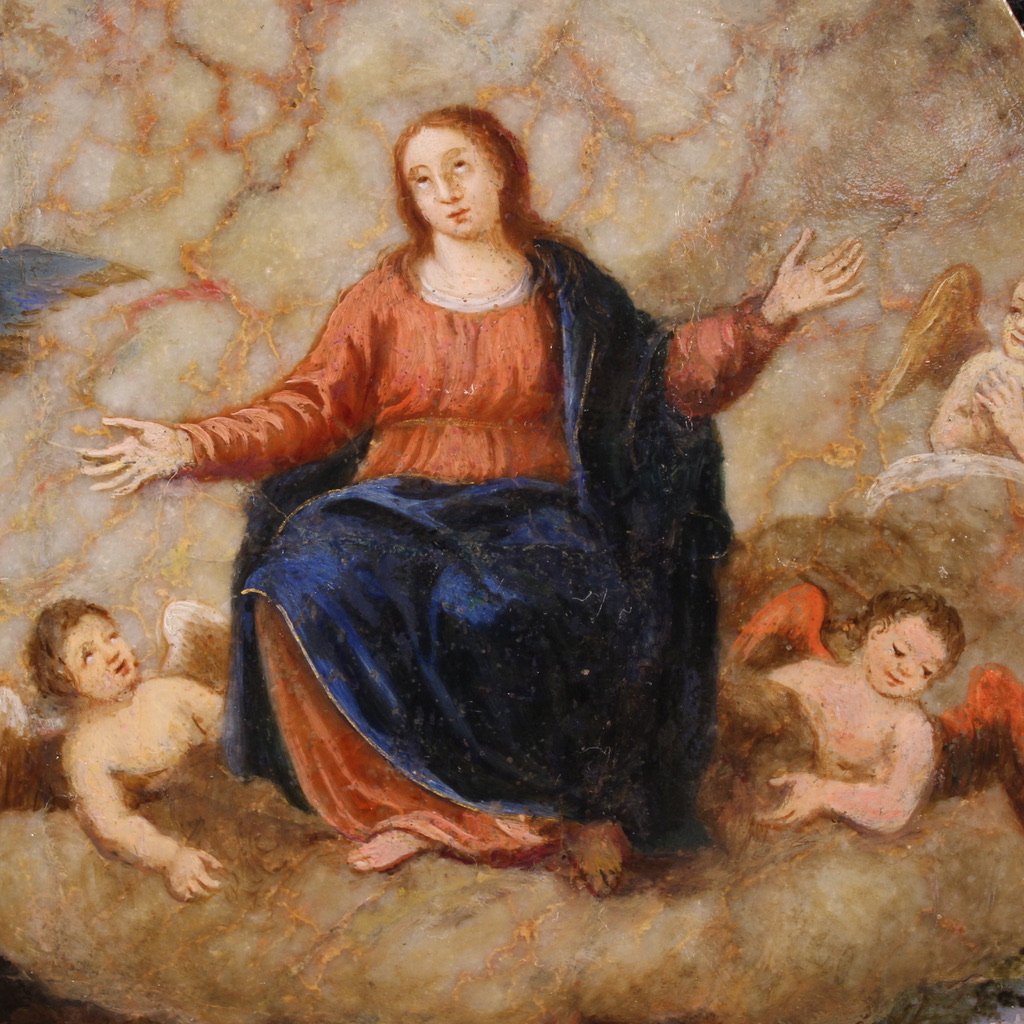 Ancient Oil Painting On Marble From The 16th Century, Assumption Of The Virgin-photo-4