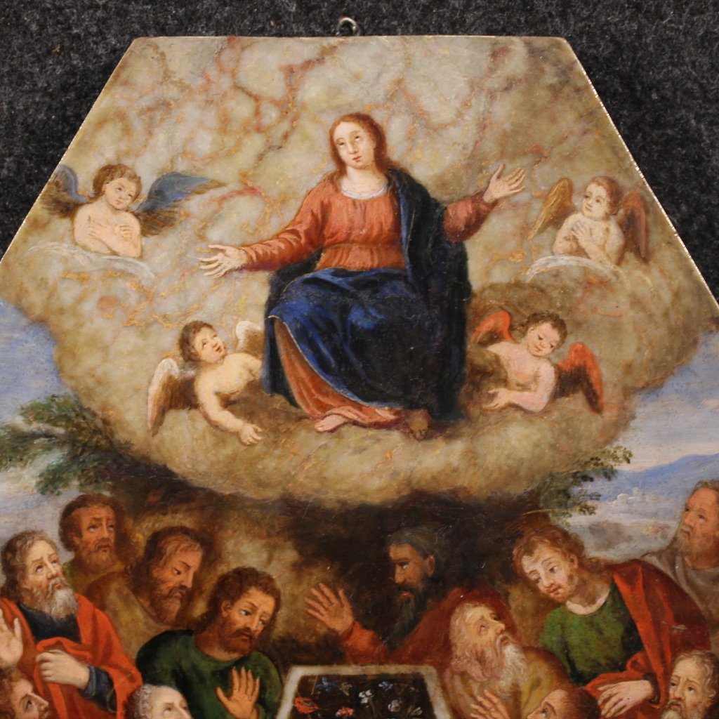 Ancient Oil Painting On Marble From The 16th Century, Assumption Of The Virgin-photo-2