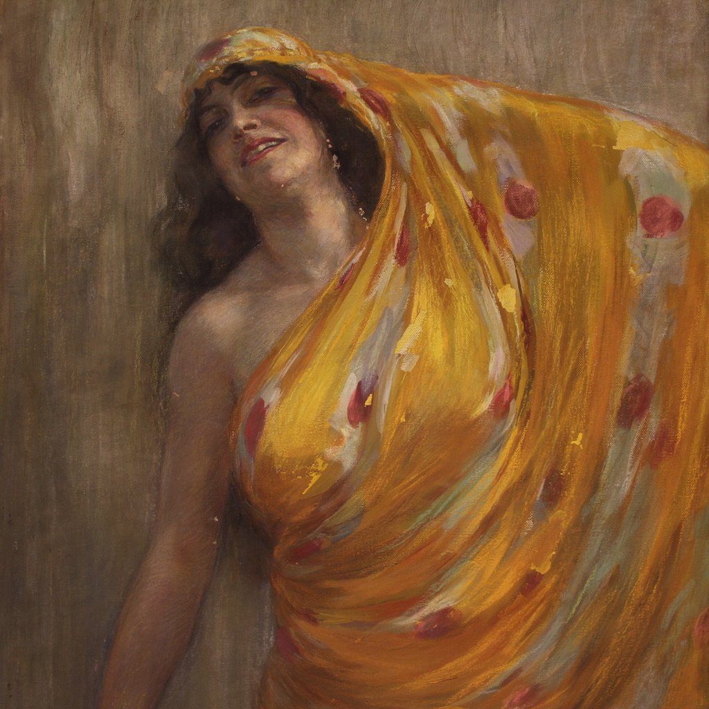 Grand tableau signé A. Mazza et daté de 1912, portrait d'une femme orientale-photo-2