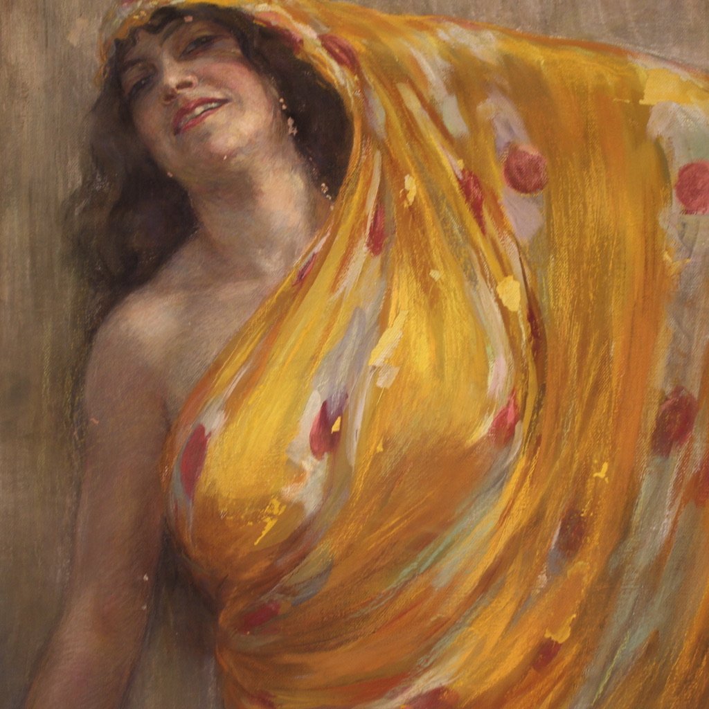 Grand tableau signé A. Mazza et daté de 1912, portrait d'une femme orientale-photo-3