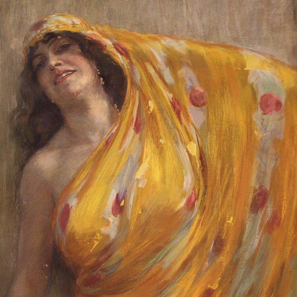 Grand tableau signé A. Mazza et daté de 1912, portrait d'une femme orientale-photo-5