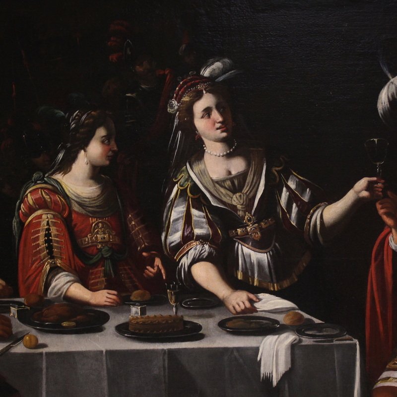 Grande peinture italienne du 17ème siècle : le banquet de Marc Antoine et Cléopâtre-photo-2