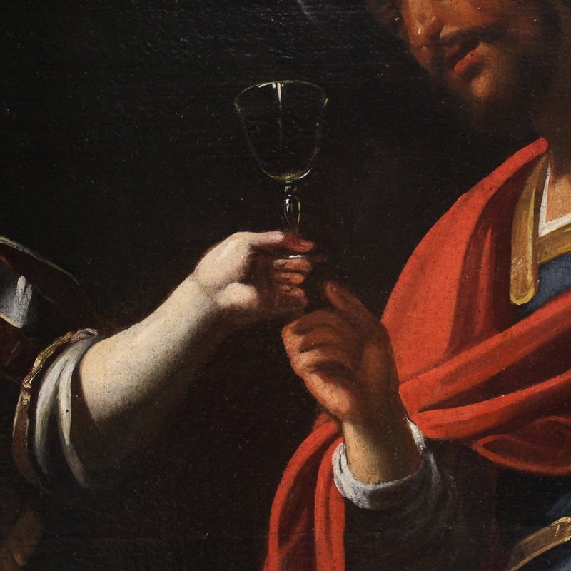Grande peinture italienne du 17ème siècle : le banquet de Marc Antoine et Cléopâtre-photo-4