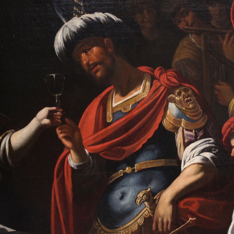 Grande peinture italienne du 17ème siècle : le banquet de Marc Antoine et Cléopâtre-photo-4
