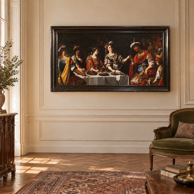 Grande peinture italienne du 17ème siècle : le banquet de Marc Antoine et Cléopâtre-photo-7