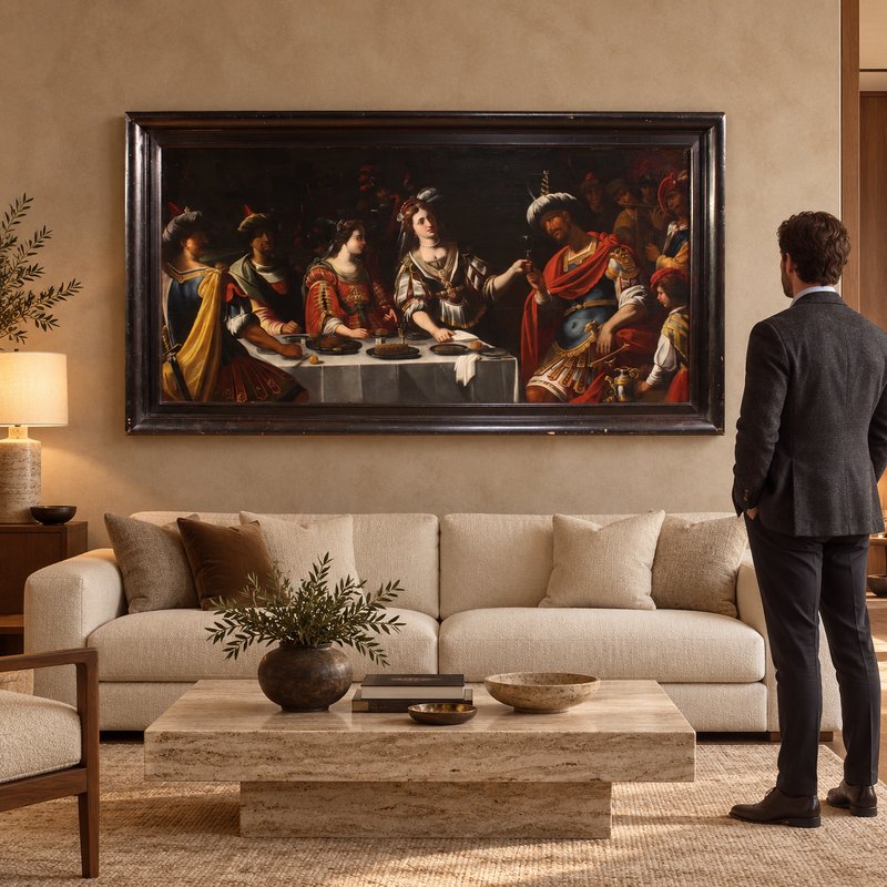 Grande peinture italienne du 17ème siècle : le banquet de Marc Antoine et Cléopâtre-photo-8