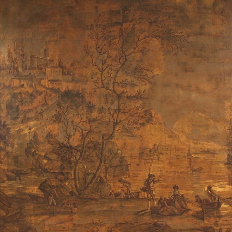 Grand tableau italien du 18ème siècle, paysage avec vue de port et voiliers-photo-3