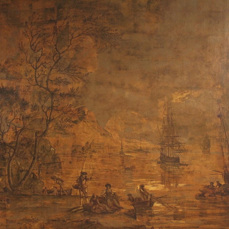 Grand tableau italien du 18ème siècle, paysage avec vue de port et voiliers-photo-4