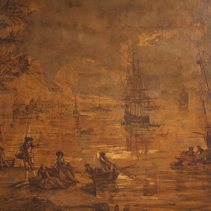 Grand tableau italien du 18ème siècle, paysage avec vue de port et voiliers-photo-1
